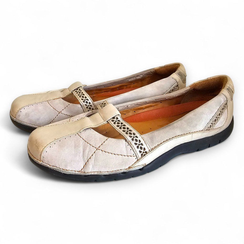 Clarks Unstructured Women's Mary Jane Loafers Shoes Leather Beige Size 8w Wide